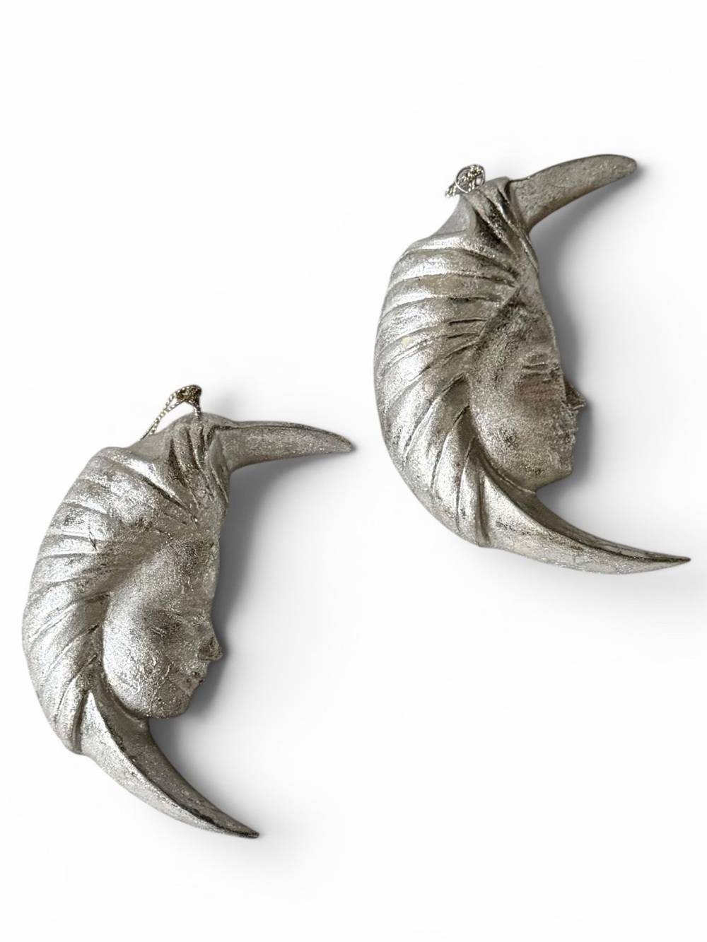 Set of 2 Metallic Silver "Man in the Moon" Celestial Crescent Ornaments